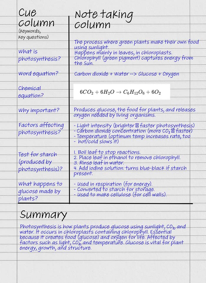 cornell-notes-example-photosynthesis Example of note taking with Cornell notes system (photosynthesis)